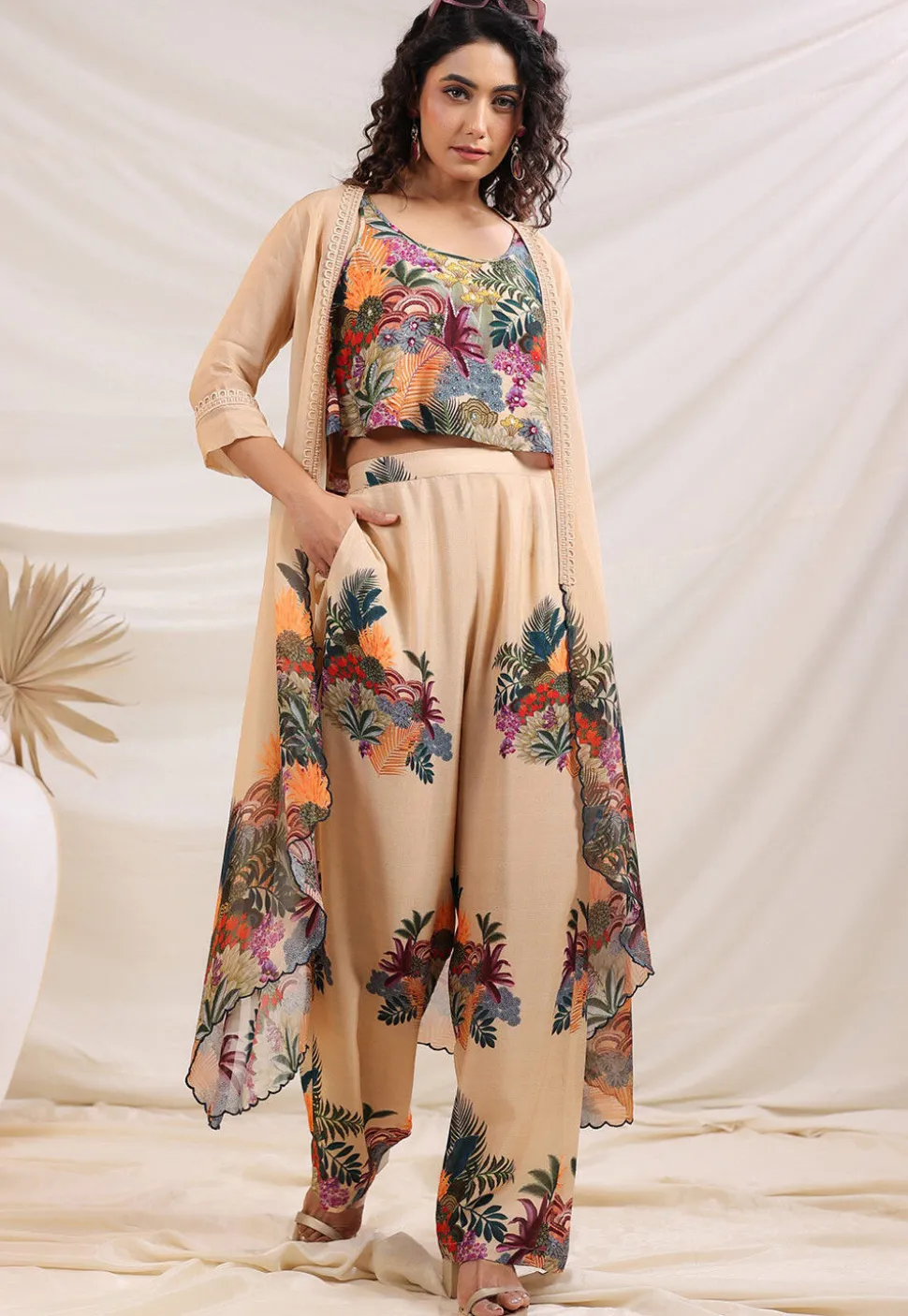 Digital Printed Art Silk Crop Top Set in Multicolor