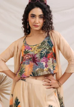 Digital Printed Art Silk Crop Top Set in Multicolor