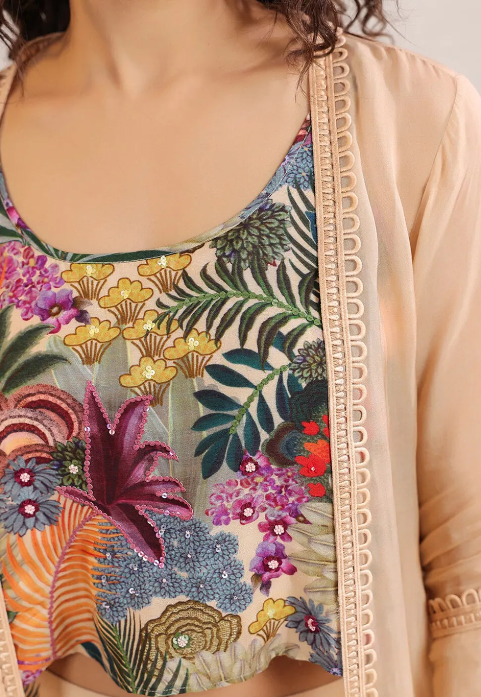 Digital Printed Art Silk Crop Top Set in Multicolor