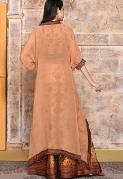 Digital Printed Art Silk Crop Top Set with Jacket in Rust