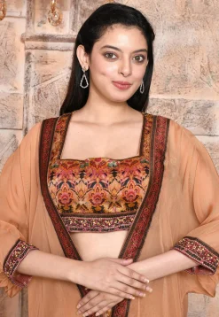 Digital Printed Art Silk Crop Top Set with Jacket in Rust