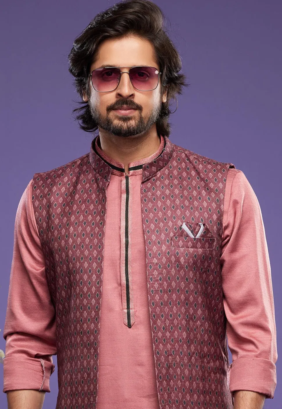 Digital Printed Art Silk Kurta Set in Peach and Maroon