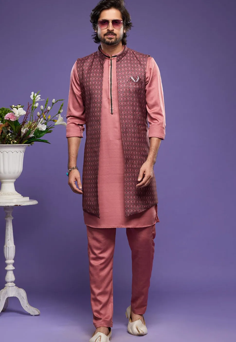 Digital Printed Art Silk Kurta Set in Peach and Maroon