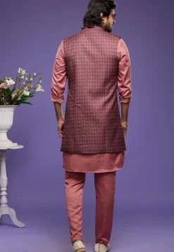 Digital Printed Art Silk Kurta Set in Peach and Maroon