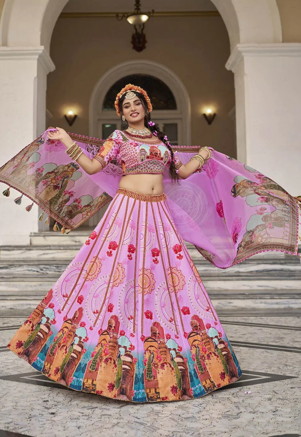 Digital Printed Art Silk Lehenga in Purple