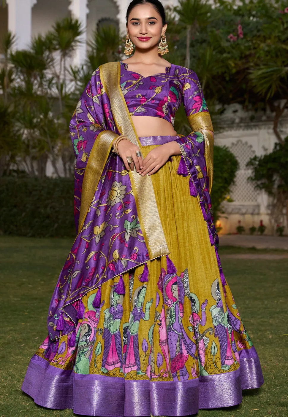 Digital Printed Art Silk Lehenga in Olive Green
