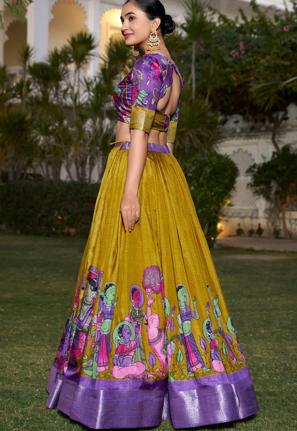 Digital Printed Art Silk Lehenga in Olive Green