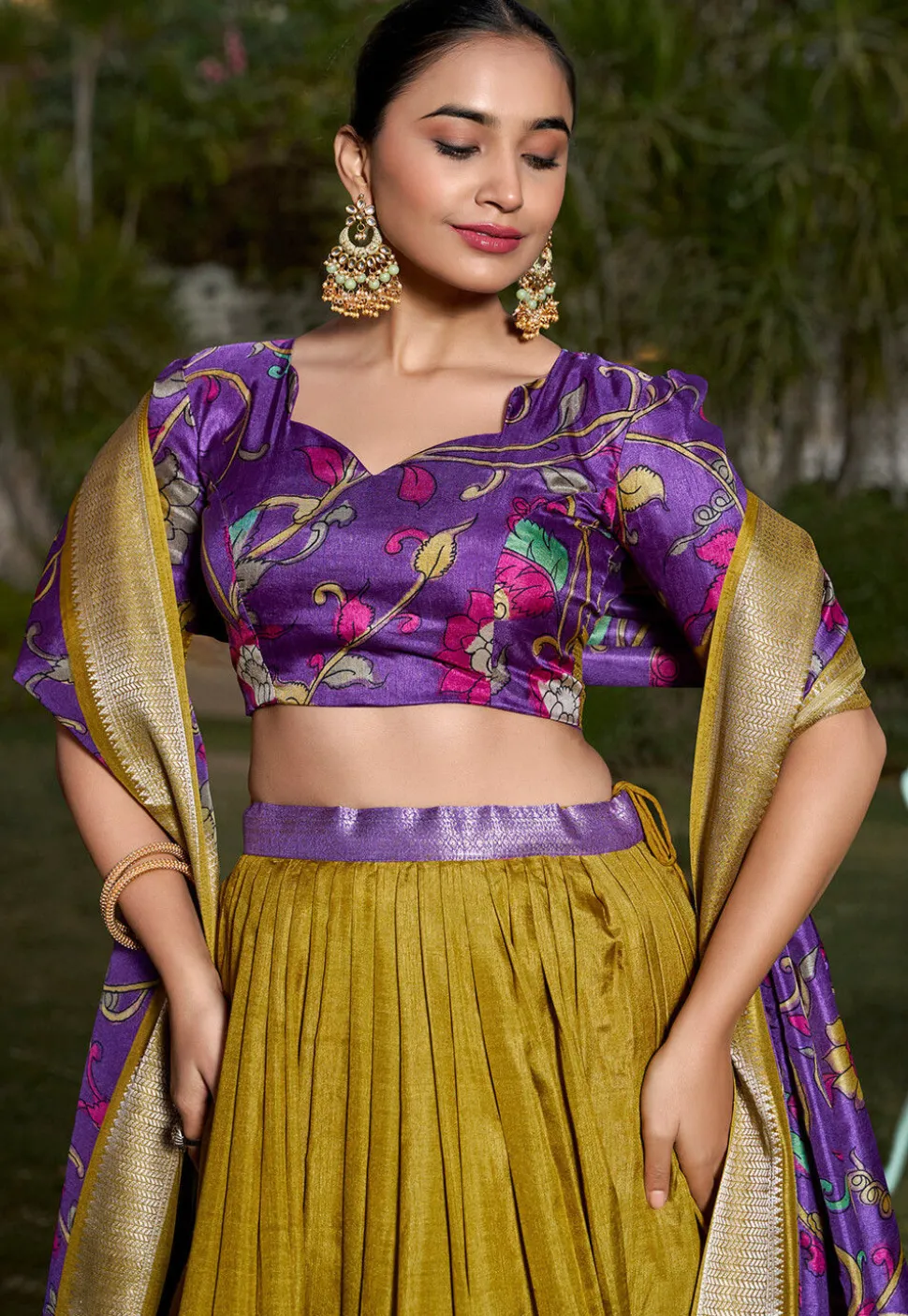 Digital Printed Art Silk Lehenga in Olive Green