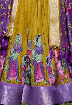 Digital Printed Art Silk Lehenga in Olive Green