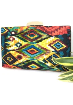 Digital Printed Art Silk Rectangular Clutch Bag in Multicolor