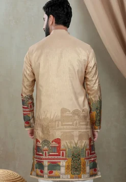 Digital Printed Art Silk Kurta in Beige