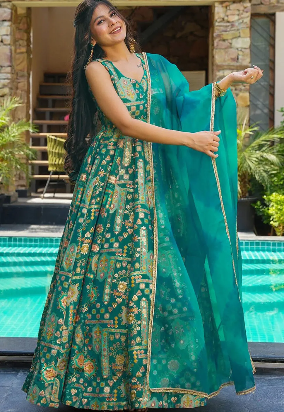 Digital Printed Art Silk Abaya Style Suit in Teal Green