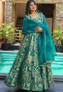 Digital Printed Art Silk Abaya Style Suit in Teal Green