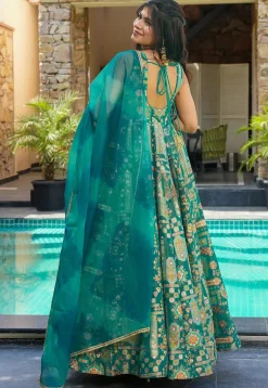 Digital Printed Art Silk Abaya Style Suit in Teal Green