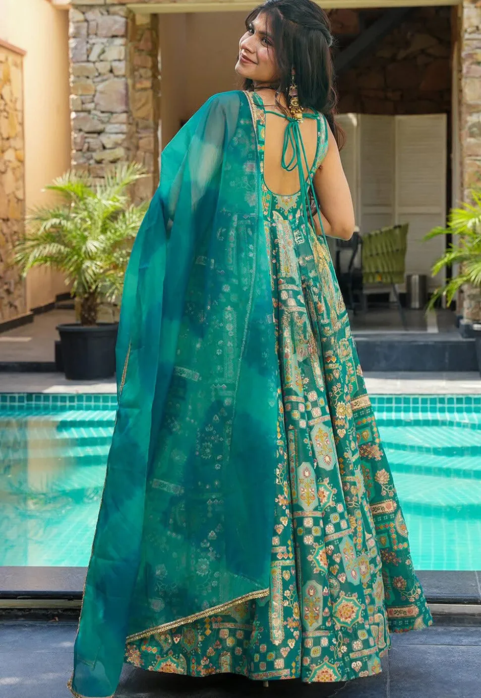 Digital Printed Art Silk Abaya Style Suit in Teal Green