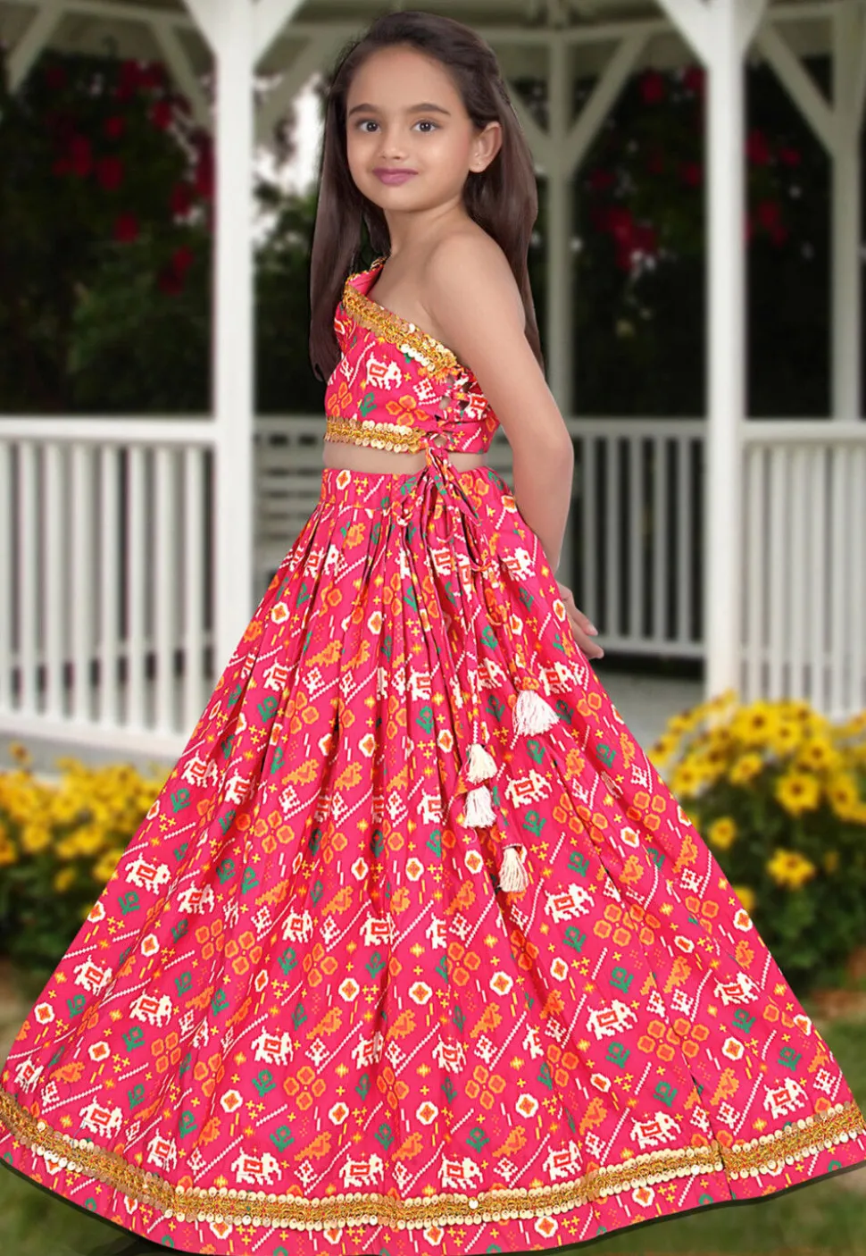 Digital Printed Art Silk Lehenga in Pink
