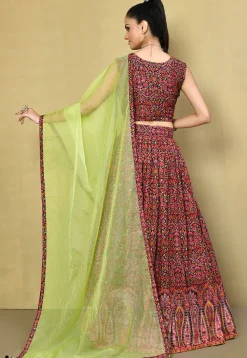 Digital Printed Art Silk Lehenga in Navy Blue and Red