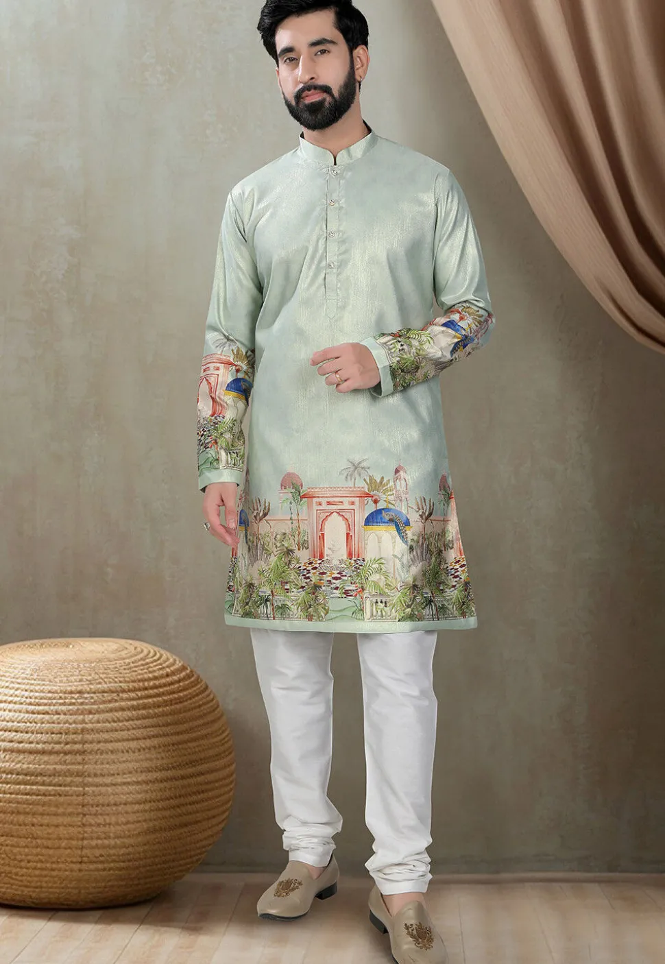Digital Printed Art Silk Kurta Set in Light Green