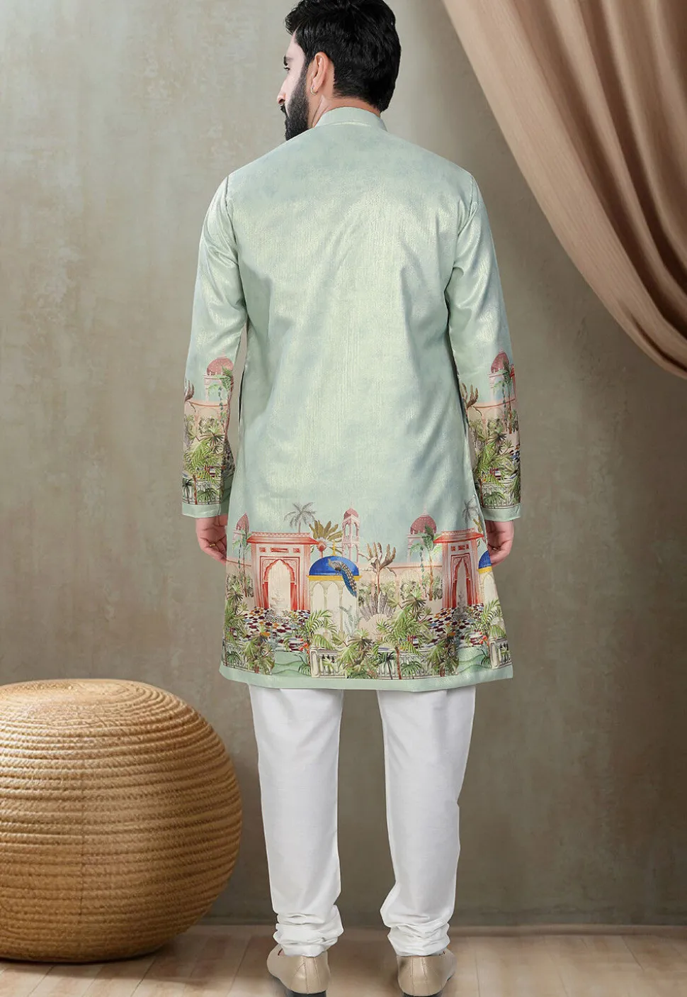 Digital Printed Art Silk Kurta Set in Light Green