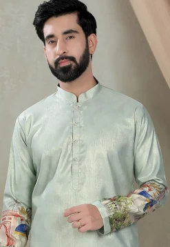 Digital Printed Art Silk Kurta Set in Light Green