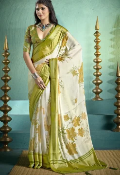Digital Printed Art Silk Brasso Saree in Cream