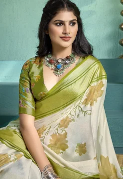 Digital Printed Art Silk Brasso Saree in Cream
