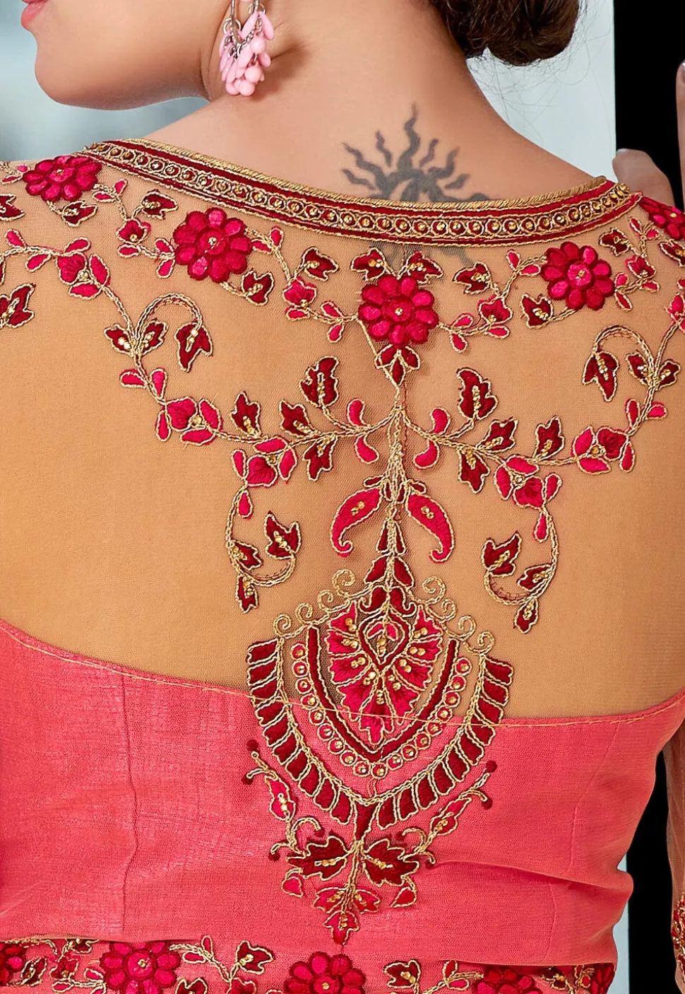 Digital Printed Art Silk Jacquard Gown in Peach and Pink