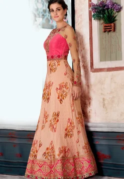 Digital Printed Art Silk Jacquard Gown in Peach and Pink