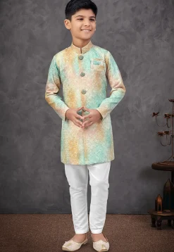 Digital Printed Art Silk Sherwani in Multicolor