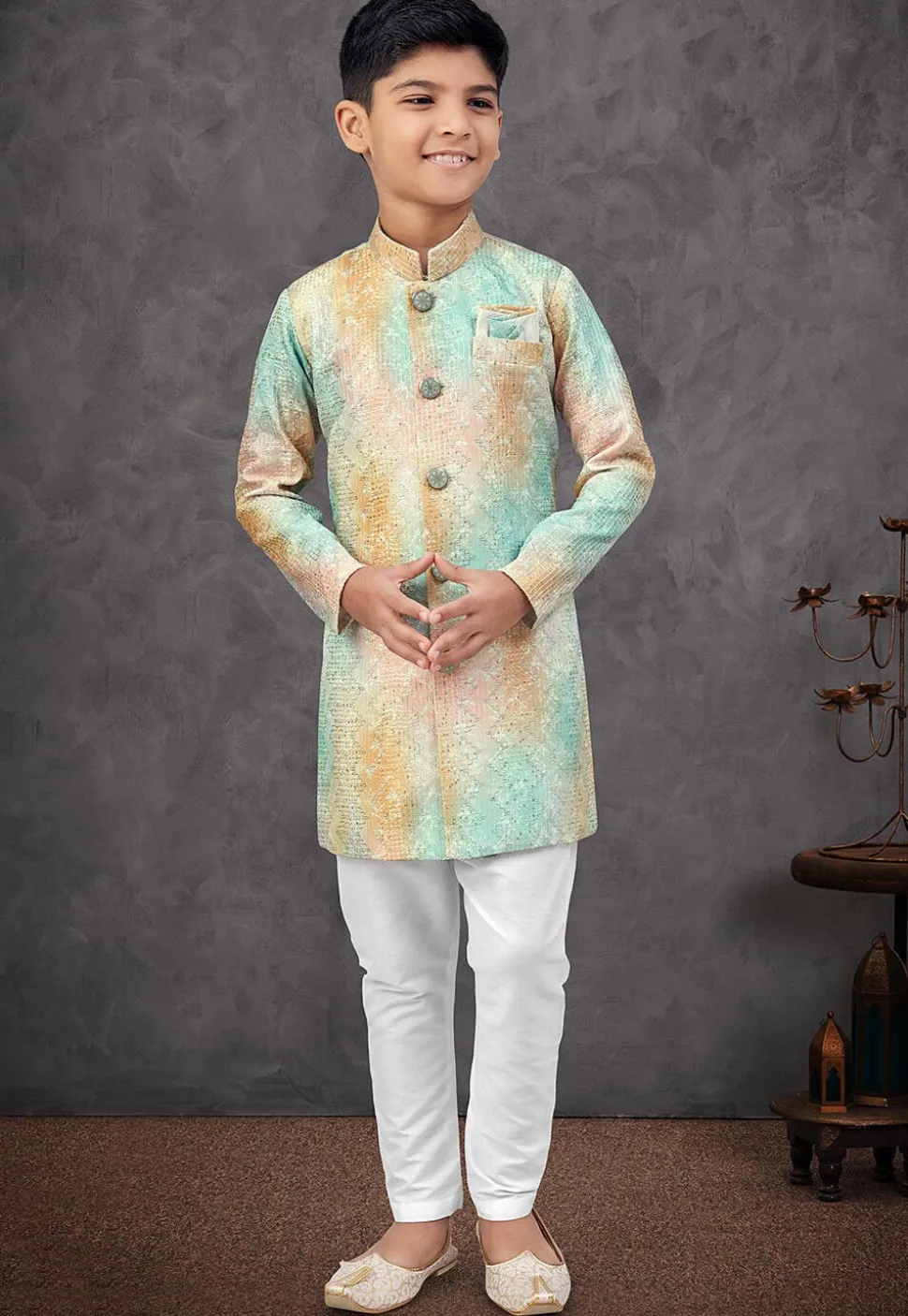 Digital Printed Art Silk Sherwani in Multicolor