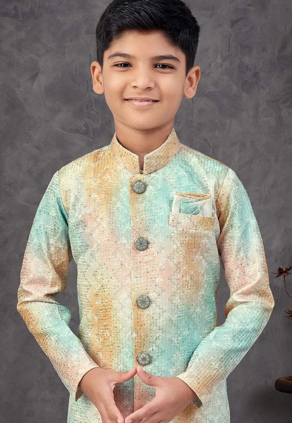 Digital Printed Art Silk Sherwani in Multicolor