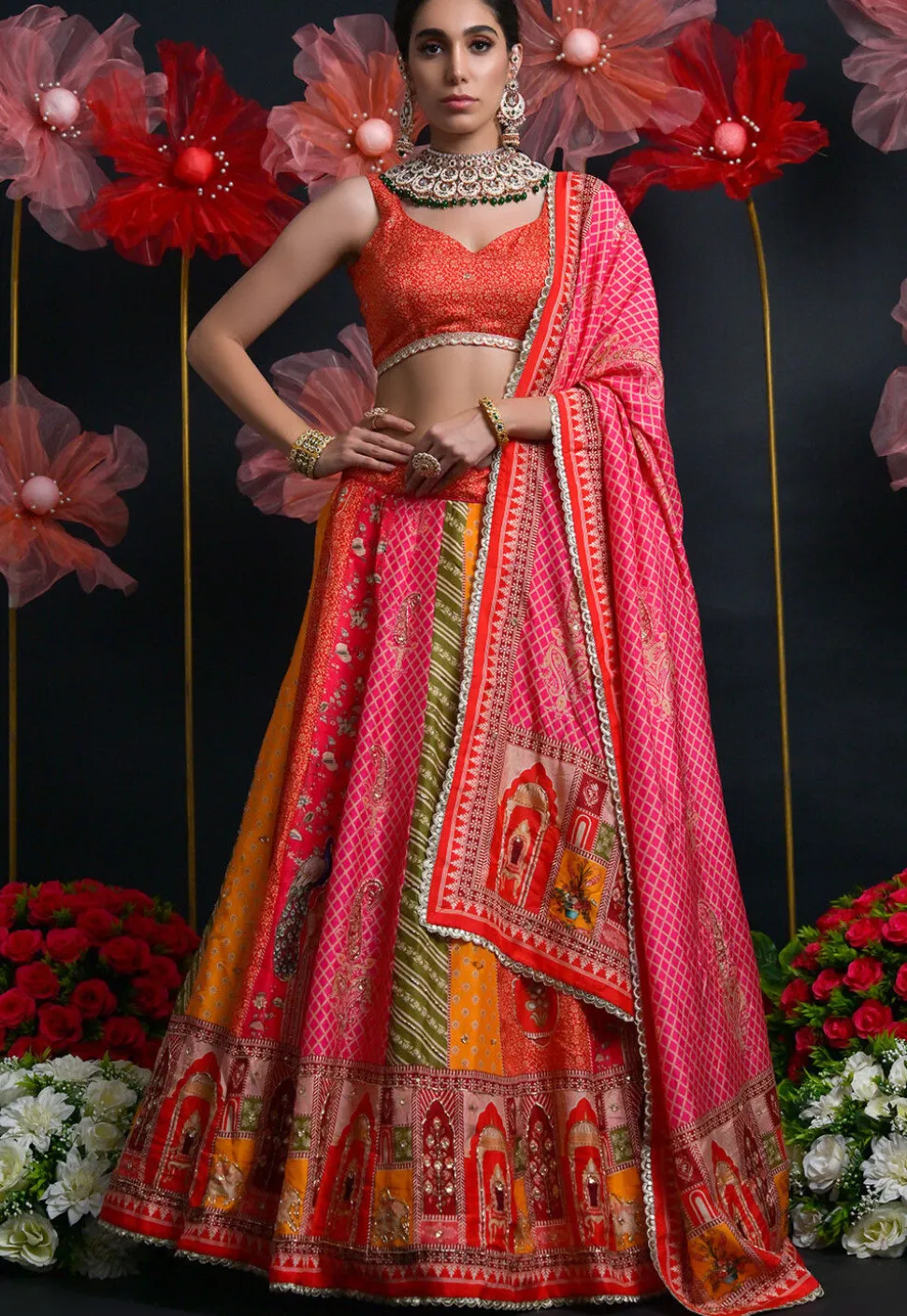 Digital Printed Art Silk Lehenga in Multicolor