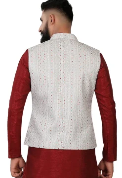 Digital Printed Art Silk Nehru Jacket in Grey