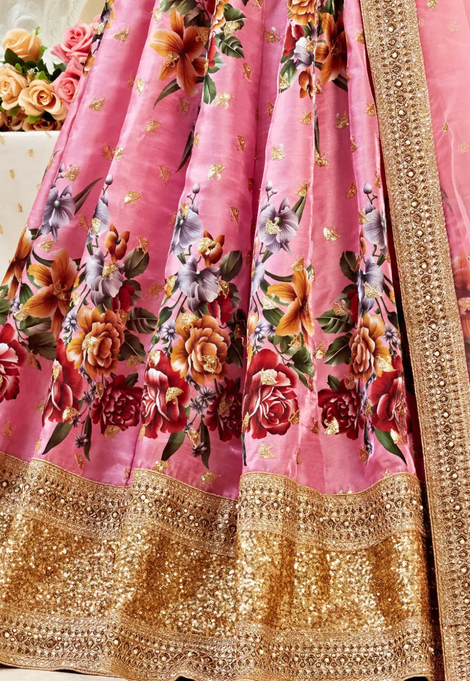 Digital Printed Art Silk Lehenga in Pink