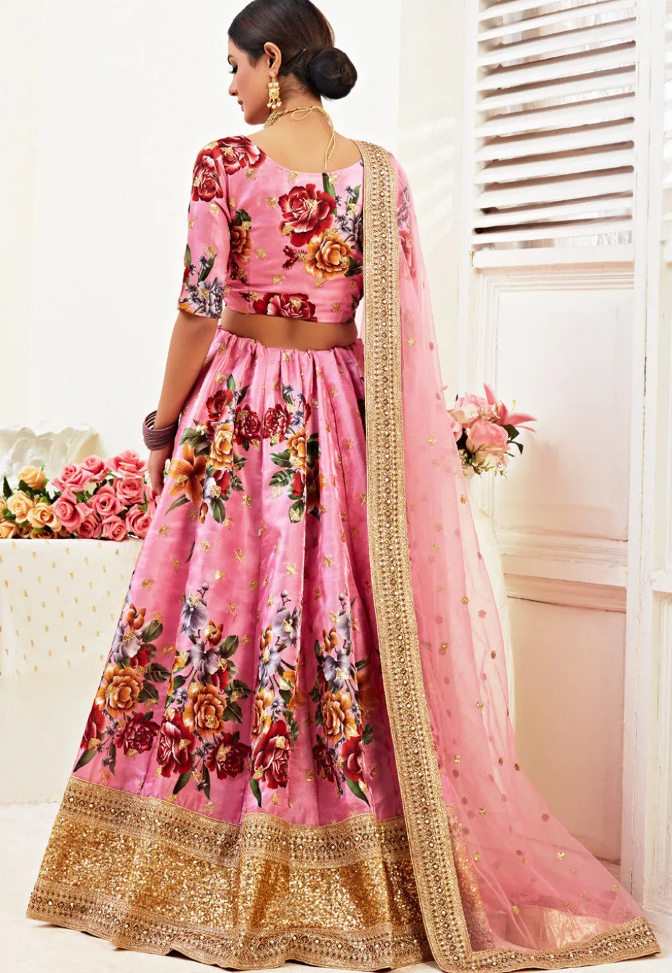 Digital Printed Art Silk Lehenga in Pink