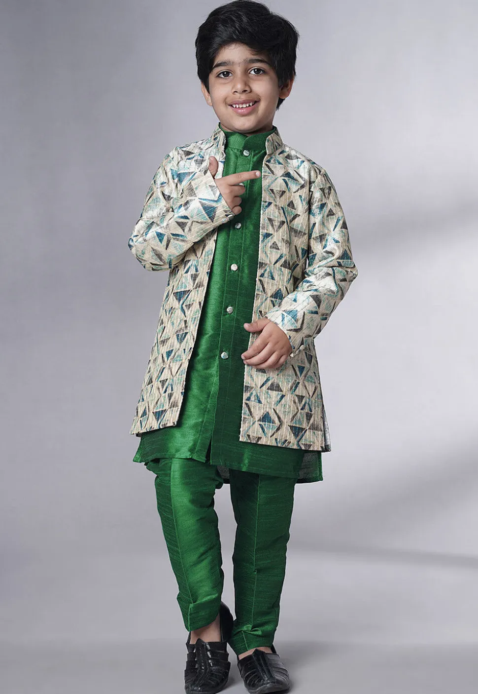 Digital Printed Art Silk Sherwani in Green