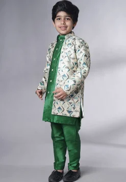 Digital Printed Art Silk Sherwani in Green