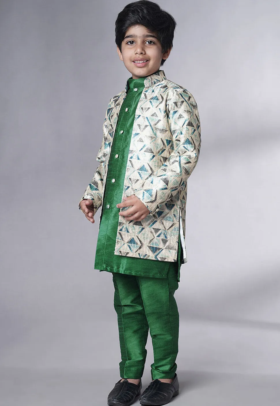 Digital Printed Art Silk Sherwani in Green
