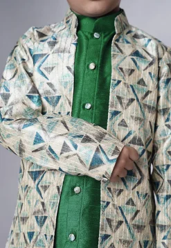 Digital Printed Art Silk Sherwani in Green