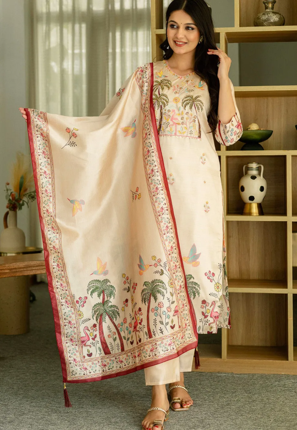 Digital Printed Art Silk Pakistani Suit in Beige