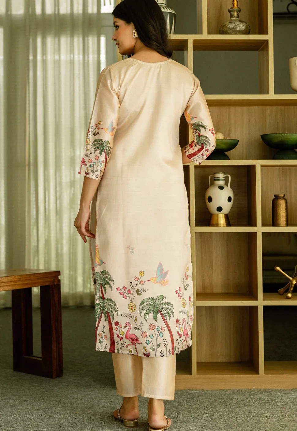 Digital Printed Art Silk Pakistani Suit in Beige
