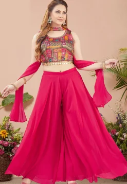 Digital Printed Art Silk Crop Top Set in Fuchsia