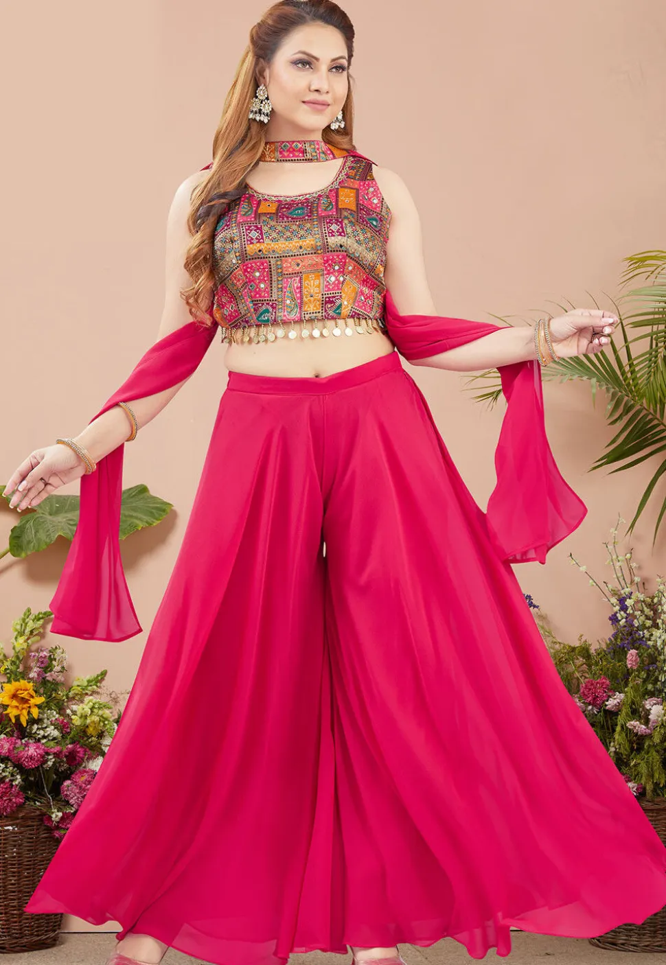 Digital Printed Art Silk Crop Top Set in Fuchsia