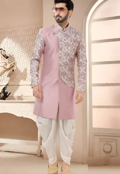 Digital Printed Art Silk Sherwani in Pink