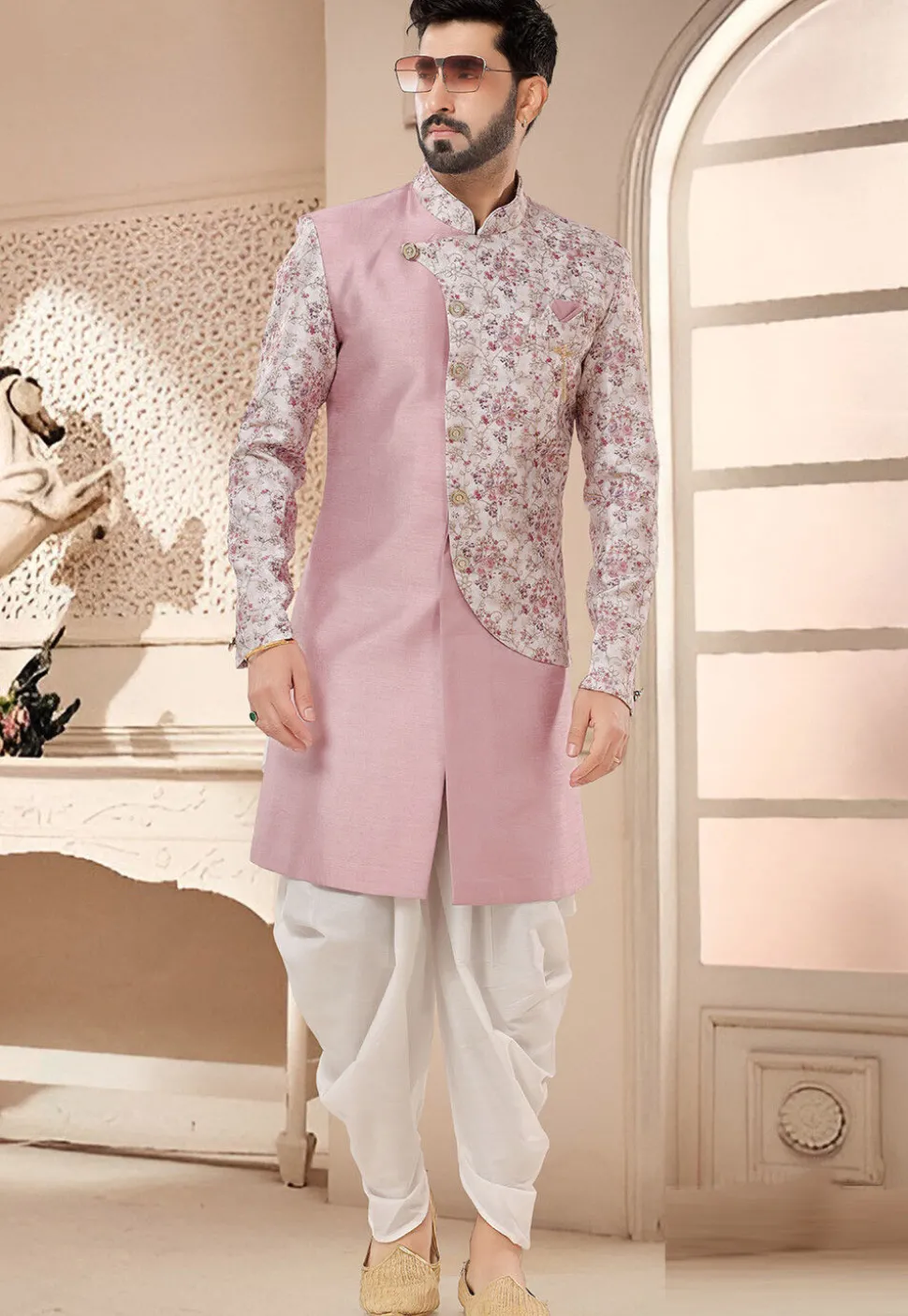Digital Printed Art Silk Sherwani in Pink