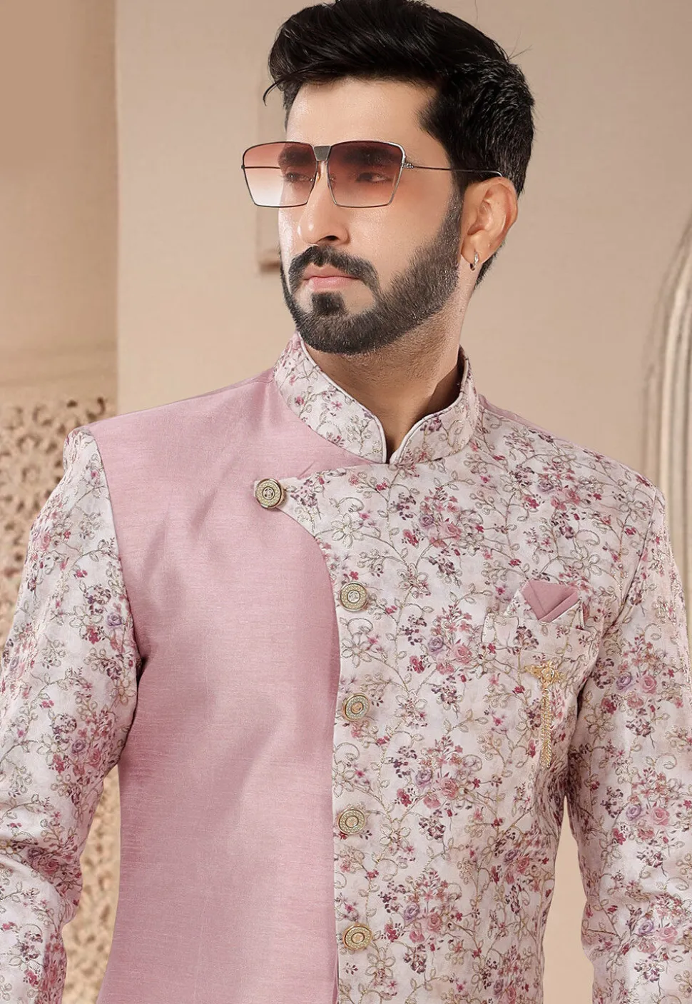 Digital Printed Art Silk Sherwani in Pink