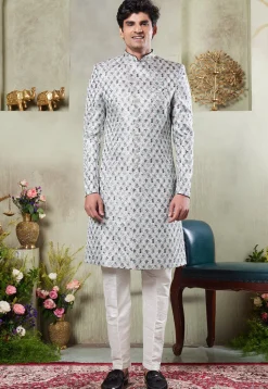 Digital Printed Art Silk Sherwani in Off White