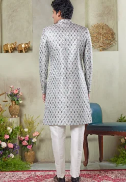 Digital Printed Art Silk Sherwani in Off White