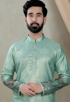 Digital Printed Art Silk Kurta Set in Teal Green