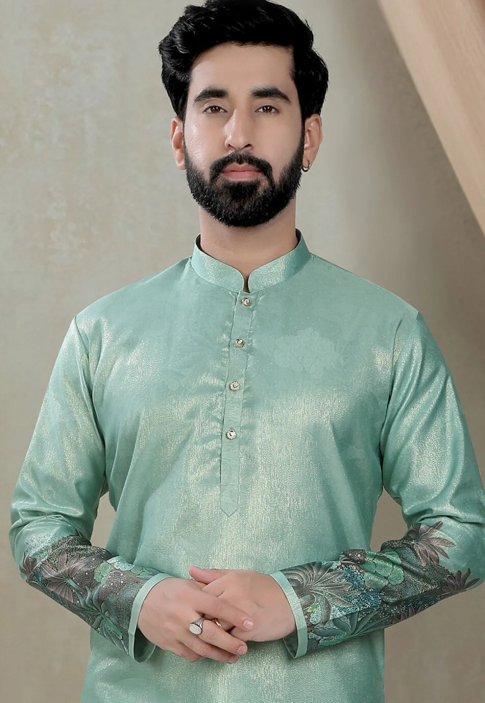 Digital Printed Art Silk Kurta Set in Teal Green